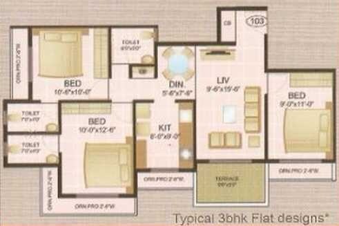 Floor plan of 3 BHK 1145 Sq. Ft. Apartment in Panvelkars Green City, Thane