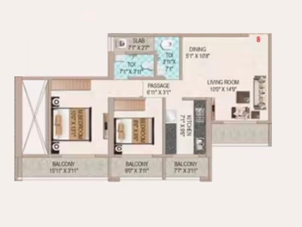 Floor plan of 2 BHK 617 Sq. Ft. Apartment in Paradise Noble Sky, Thane