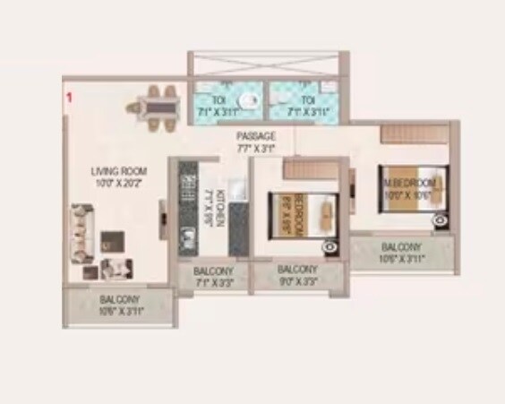 Floor plan of 2 BHK 640 Sq. Ft. Apartment in Paradise Noble Sky, Thane