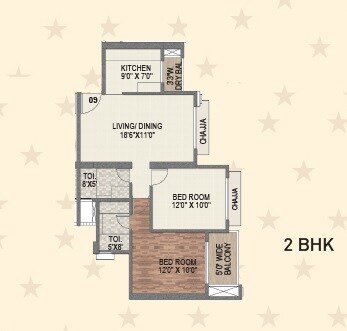 Floor plan of 2 BHK 730 Sq. Ft. Apartment in Paradise Sai World Dreams, Thane