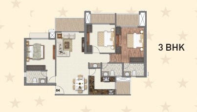 Floor plan of 3 BHK 1313 Sq. Ft. Apartment in Paradise Sai World Dreams, Thane