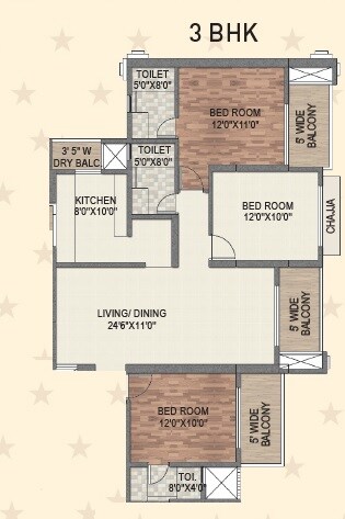Floor plan of 3 BHK 825 Sq. Ft. Apartment in Paradise Sai World Dreams, Thane