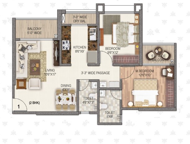 Floor plan of 2 BHK 784 Sq. Ft. Apartment in Paradise Sai World Legend, Thane