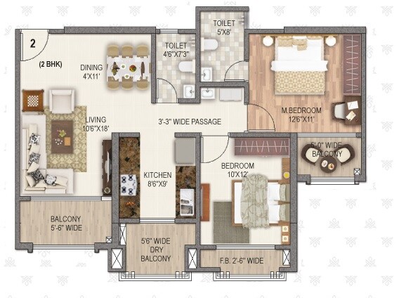 Floor plan of 2 BHK 835 Sq. Ft. Apartment in Paradise Sai World Legend, Thane