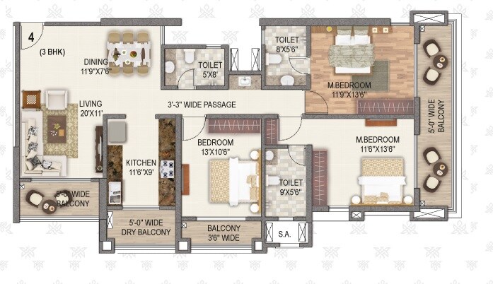 Floor plan of 3 BHK 974 Sq. Ft. Apartment in Paradise Sai World Legend, Thane