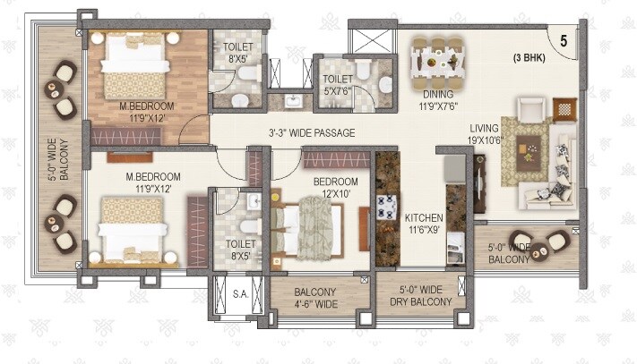 Floor plan of 3 BHK 1079 Sq. Ft. Apartment in Paradise Sai World Legend, Thane