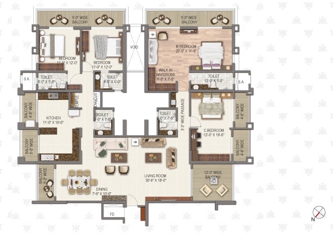 Floor plan of 4 BHK 1111 Sq. Ft. Apartment in Paradise Sai World Legend, Thane