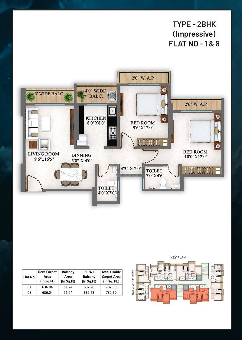 Floor plan of 2 BHK 733 Sq. Ft. Apartment in Parijas Horizon, Thane