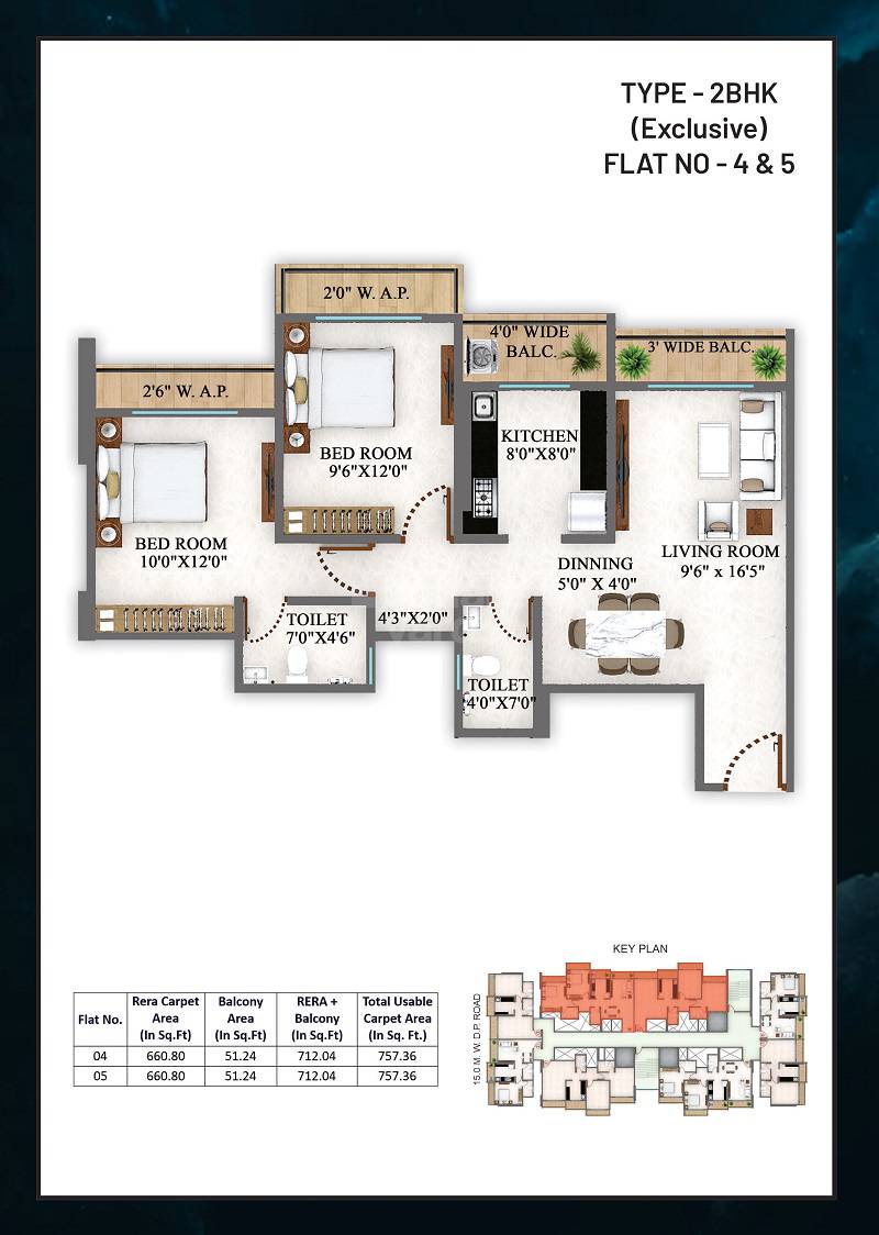 Floor plan of 2 BHK 757 Sq. Ft. Apartment in Parijas Horizon, Thane