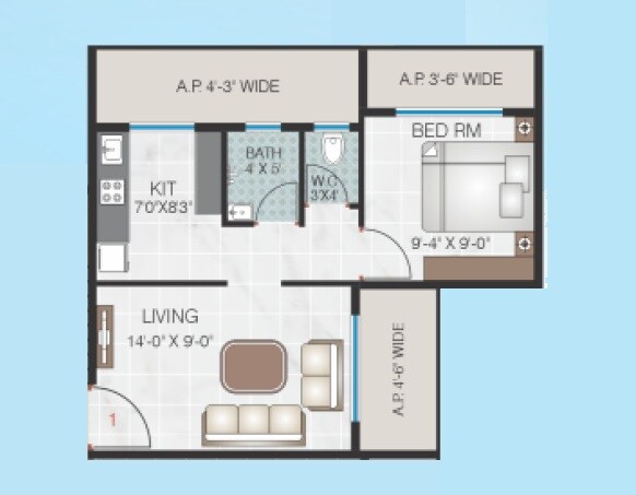 Floor plan of 1 BHK 448 Sq. Ft. Apartment in Parivartan New Blue Heaven CHS, Thane