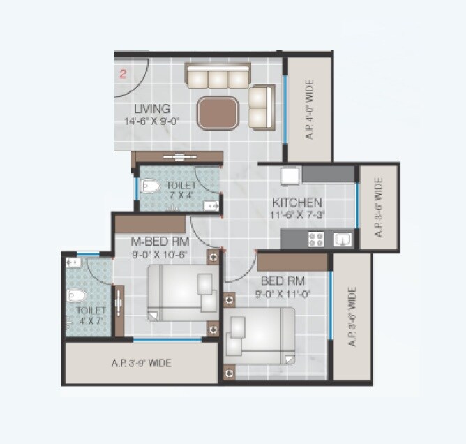Floor plan of 2 BHK 637 Sq. Ft. Apartment in Parivartan New Blue Heaven CHS, Thane