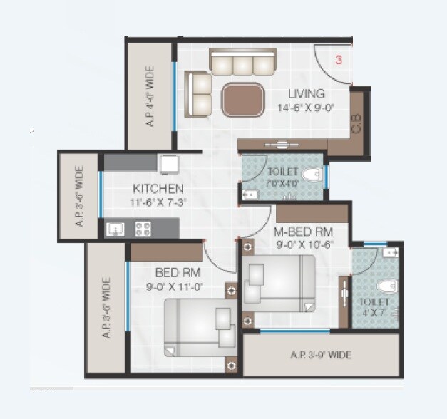 Floor plan of 2 BHK 684 Sq. Ft. Apartment in Parivartan New Blue Heaven CHS, Thane