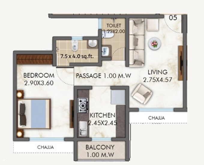 Floor plan of 1 BHK 462 Sq. Ft. Apartment in Parwati Colossal, Thane
