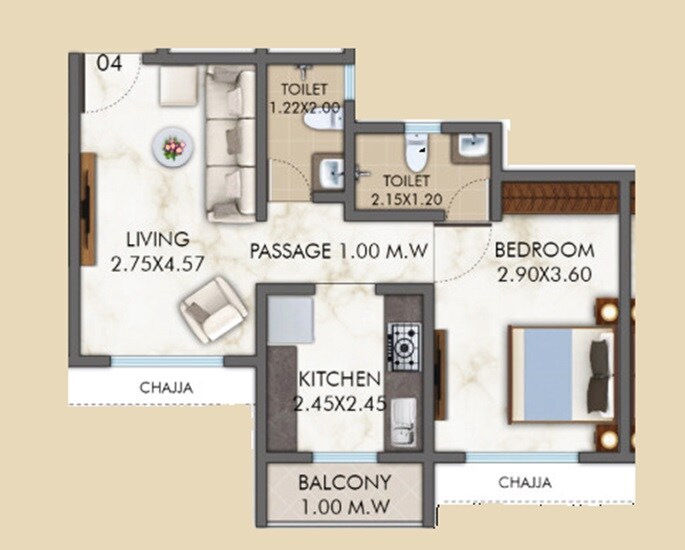 Floor plan of 1 BHK 532 Sq. Ft. Apartment in Parwati Colossal, Thane