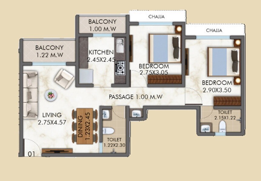 2 BHK 651 Sq. Ft. Apartment
