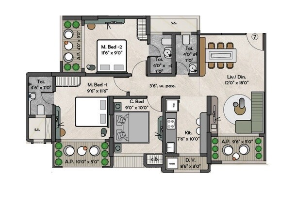 3 BHK 795 Sq. Ft. Apartment