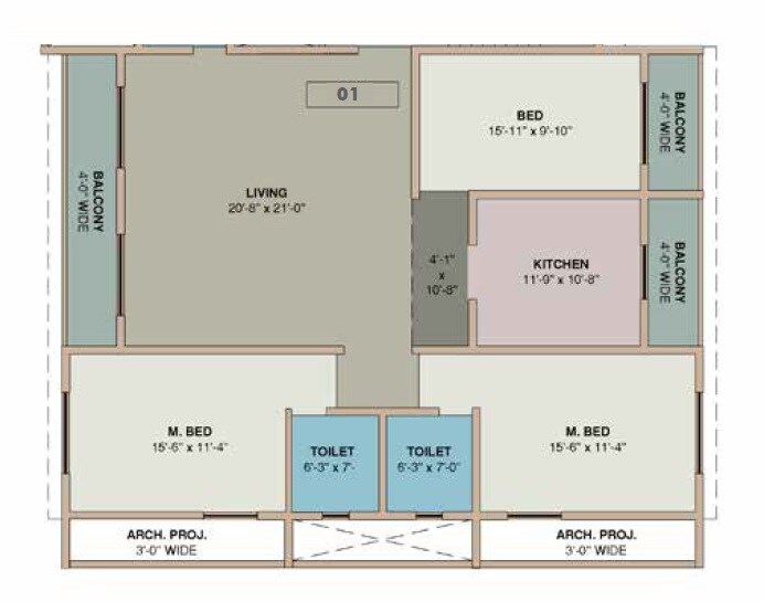Floor plan of 2 BHK 1232 Sq. Ft. Apartment in Patel Emerald, Thane