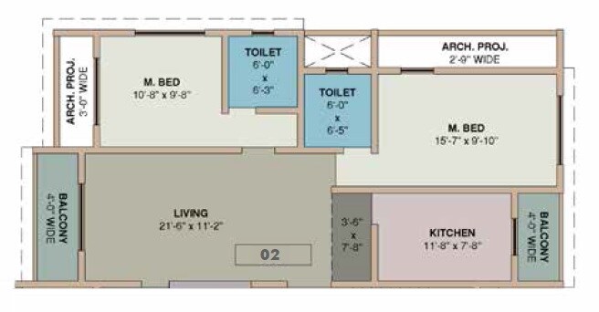 Floor plan of 2 BHK 653 Sq. Ft. Apartment in Patel Emerald, Thane