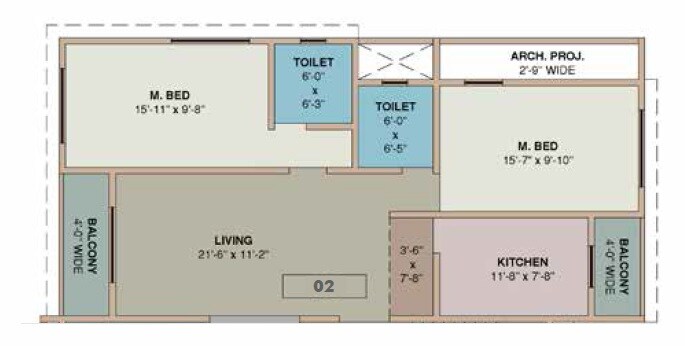 Floor plan of 2 BHK 680 Sq. Ft. Apartment in Patel Emerald, Thane