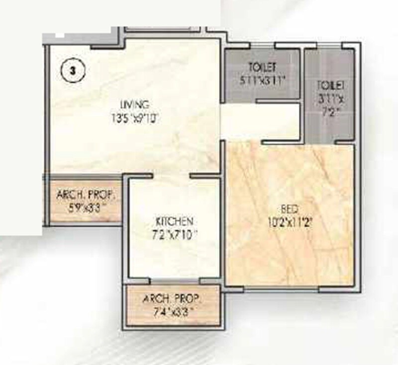 Floor plan of 1 BHK 369 Sq. Ft. Apartment in Patel Glory, Thane