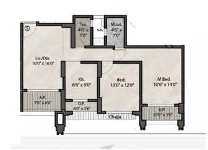 Floor plan of 2 BHK 729 Sq. Ft. Apartment in Patel Infinia, Thane