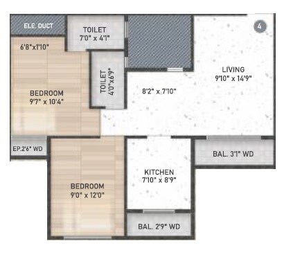 Floor plan of 2 BHK 565 Sq. Ft. Apartment in Patel Paradise, Thane