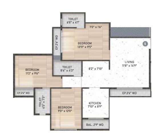 Floor plan of 3 BHK 774 Sq. Ft. Apartment in Patel Paradise, Thane