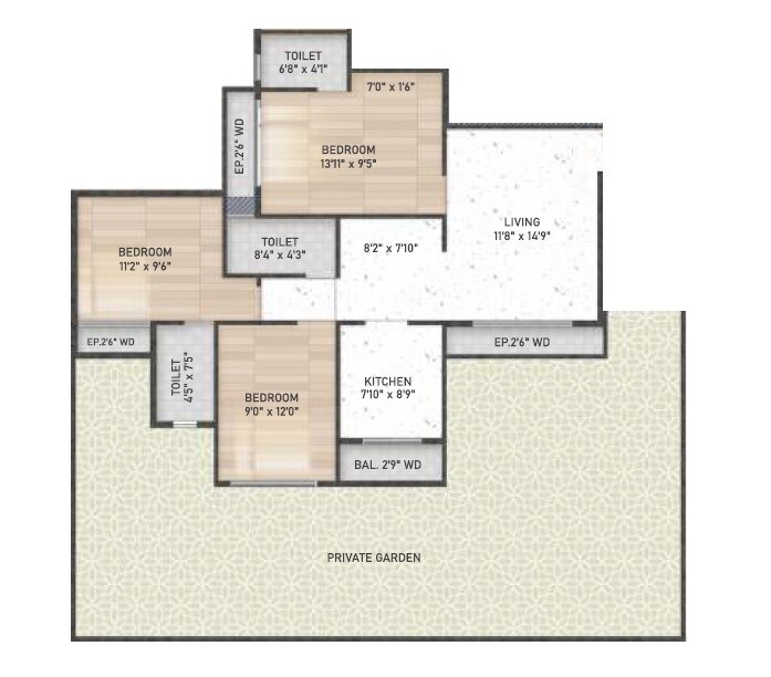 Floor plan of 3 BHK 816 Sq. Ft. Apartment in Patel Paradise, Thane