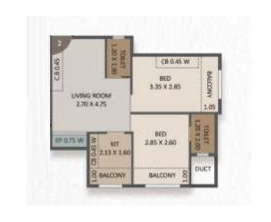 Floor plan of 2 BHK 402 Sq. Ft. Apartment in Patel Signature Phase 2, Thane