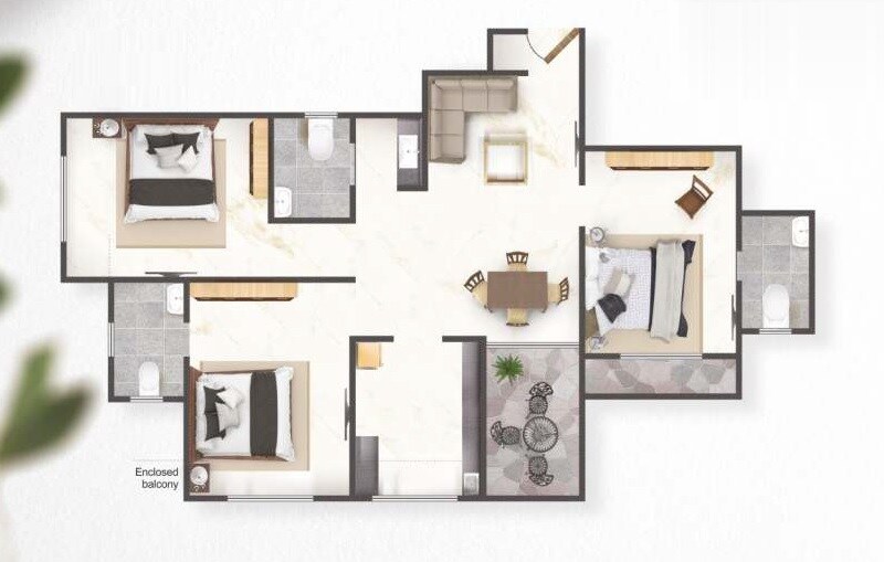 Floor plan of 3 BHK 616 Sq. Ft. Apartment in Patel Signature Phase 2, Thane