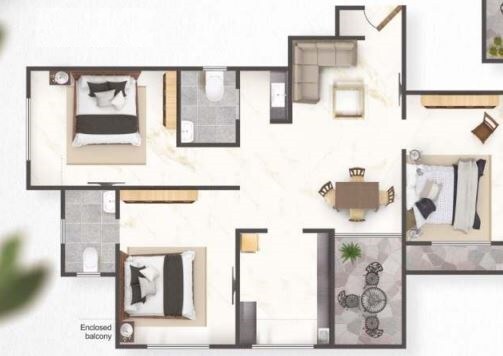 Floor plan of 3 BHK 616 Sq. Ft. Apartment in Patels Signature, Thane
