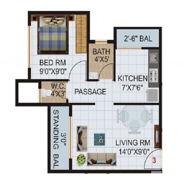Floor plan of 1 BHK 336 Sq. Ft. Apartment in Patkar Ananta Pride, Thane