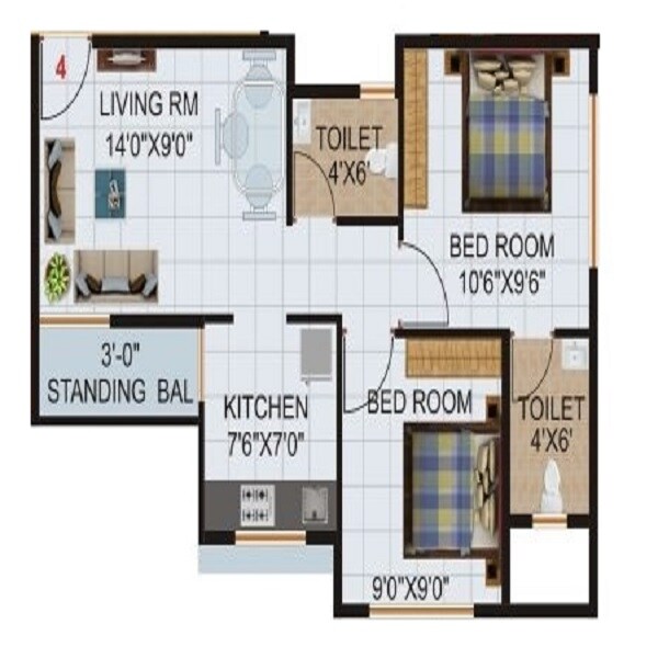 Floor plan of 2 BHK 456 Sq. Ft. Apartment in Patkar Ananta Pride, Thane
