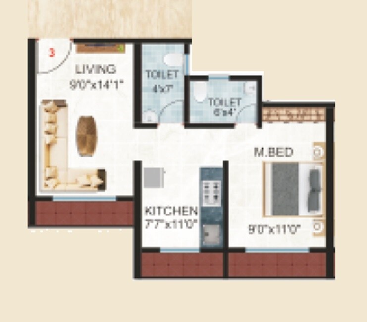 Floor plan of 1 BHK 463 Sq. Ft. Apartment in Pawshe Pride, Thane