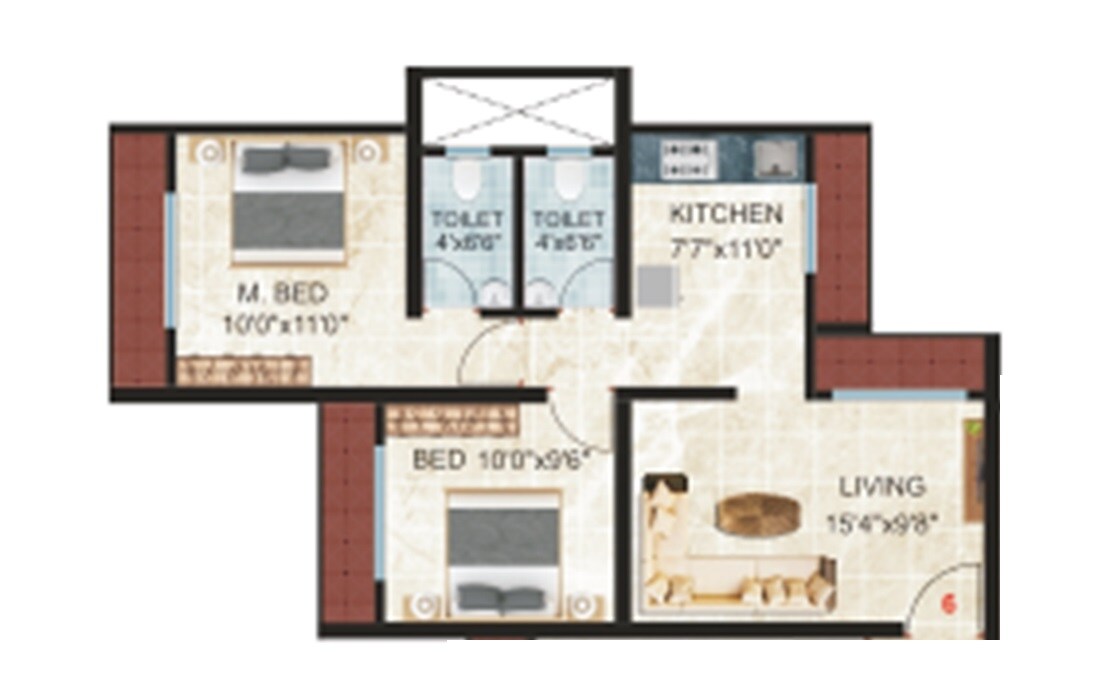 Floor plan of 2 BHK 601 Sq. Ft. Apartment in Pawshe Pride, Thane