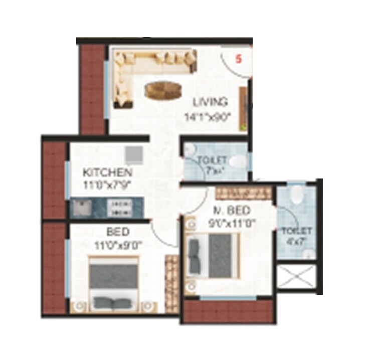 Floor plan of 2 BHK 637 Sq. Ft. Apartment in Pawshe Pride, Thane