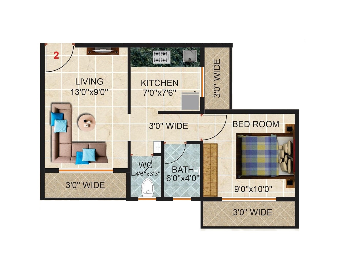 Floor plan of 1 BHK 450 Sq. Ft. Apartment in PG Garden, Thane