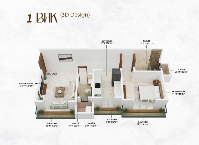 Floor plan of 1 BHK 366 Sq. Ft. Apartment in Phoenix Aura, Thane