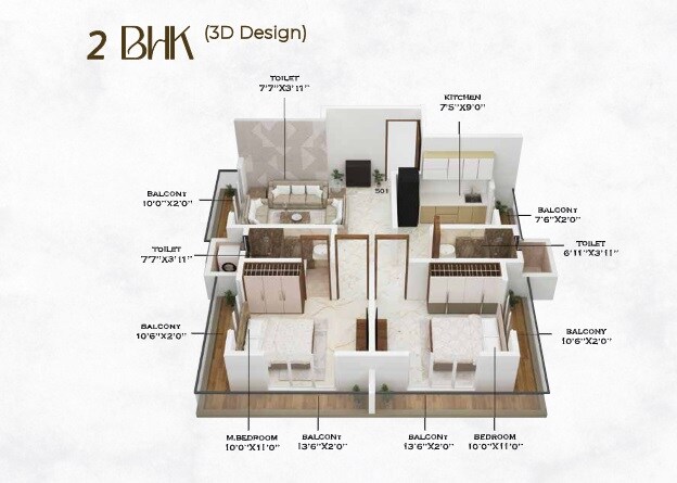 Floor plan of 2 BHK 610 Sq. Ft. Apartment in Phoenix Aura, Thane