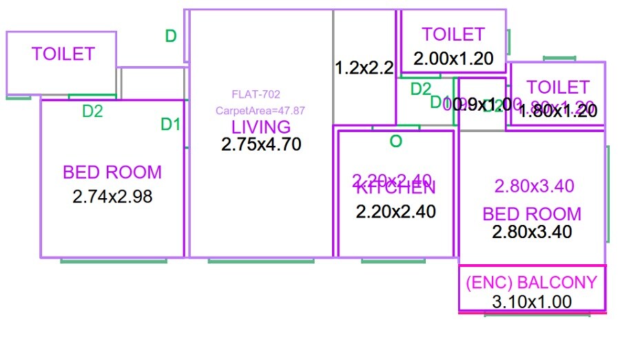 Floor plan of 2 BHK 515 Sq. Ft. Apartment in Phoenix Hiral Paradise CHS, Thane