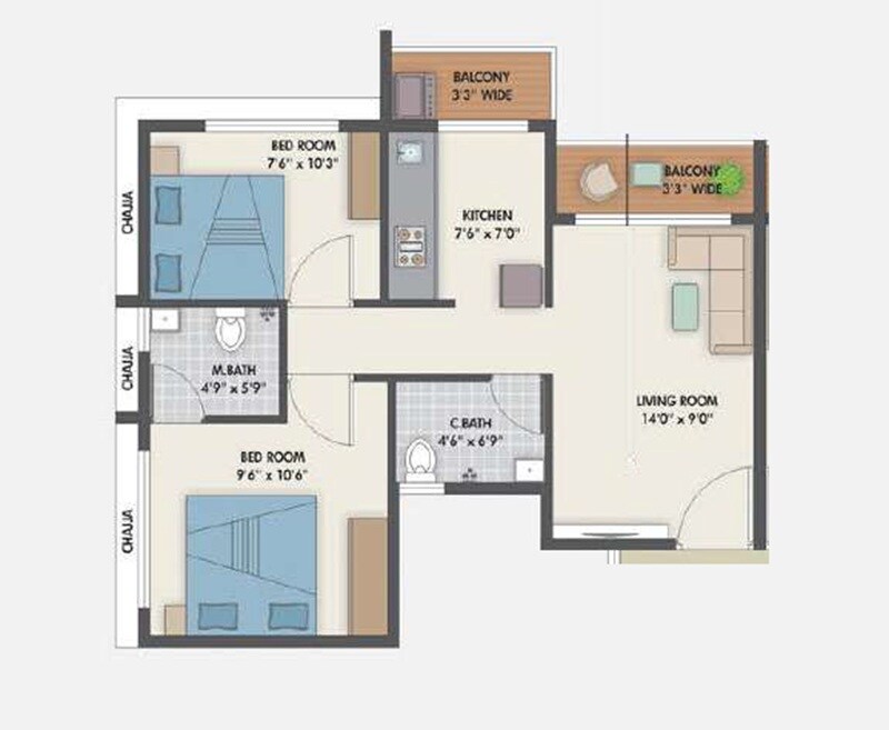 Floor plan of 2 BHK 600 Sq. Ft. Apartment in Pinnacle Nano City, Thane