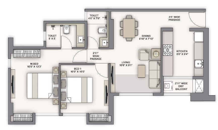 Floor plan of 2 BHK 990 Sq. Ft. Apartment in Piramal Vaikunth Cluster 1, Thane