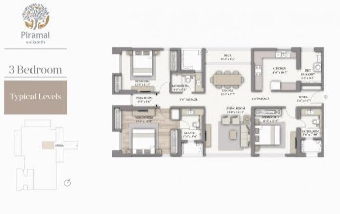 Floor plan of 3 BHK 1056 Sq. Ft. Apartment in Piramal Vaikunth Cluster 1, Thane
