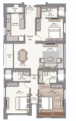 Floor plan of 3 BHK 1140 Sq. Ft. Apartment in Piramal Vaikunth Cluster 1, Thane