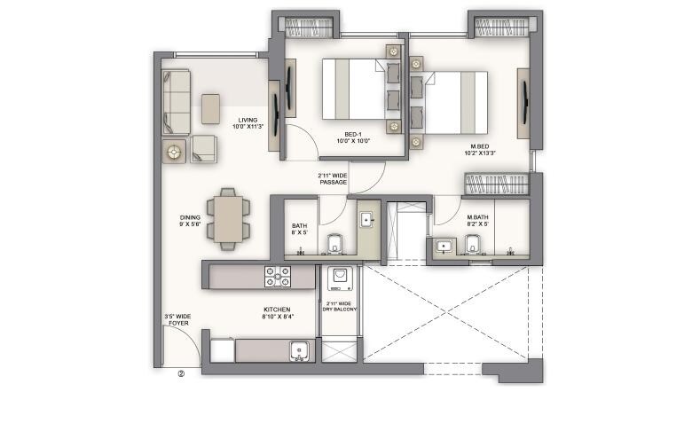 Floor plan of 2 BHK 732 Sq. Ft. Apartment in Piramal Vaikunth Phase II, Thane