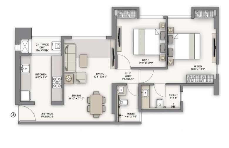 Floor plan of 2 BHK 710 Sq. Ft. Apartment in Piramal Vaikunth Phase II, Thane