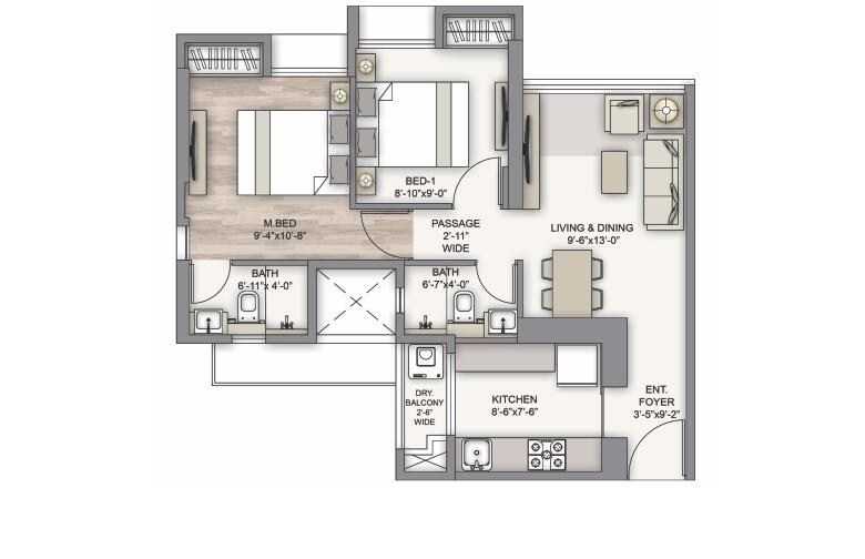 Floor plan of 2 BHK 700 Sq. Ft. Apartment in Piramal Vaikunth Phase II, Thane