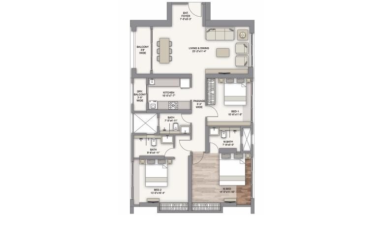 Floor plan of 3 BHK 872 Sq. Ft. Apartment in Piramal Vaikunth Phase II, Thane