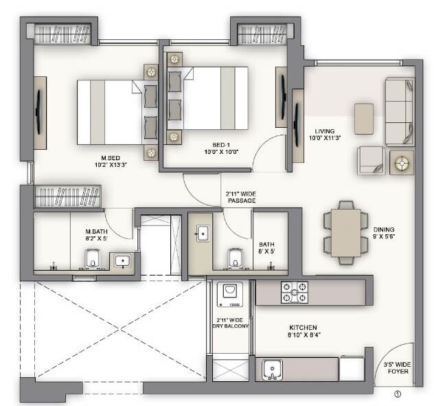 Floor plan of 2 BHK 710 Sq. Ft. Apartment in Piramal Vaikunth Vairat, Thane
