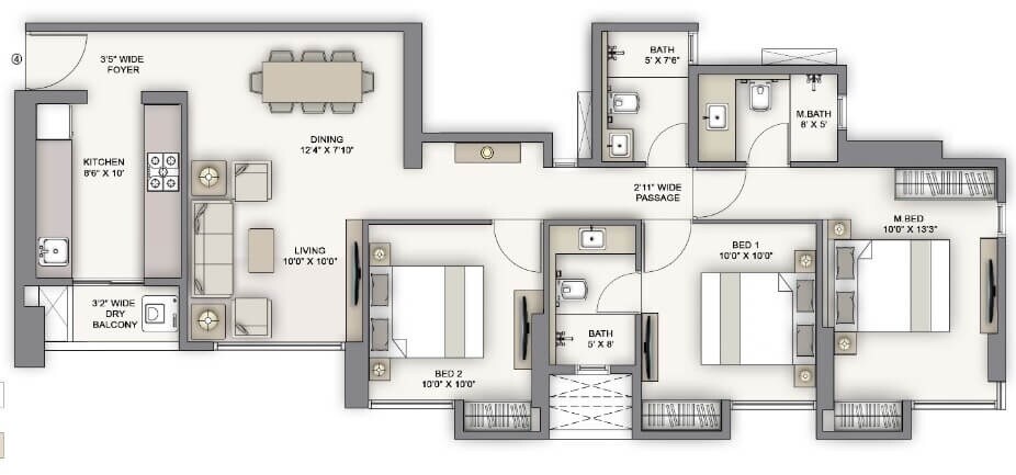 Floor plan of 3 BHK 950 Sq. Ft. Apartment in Piramal Vaikunth Vairat, Thane